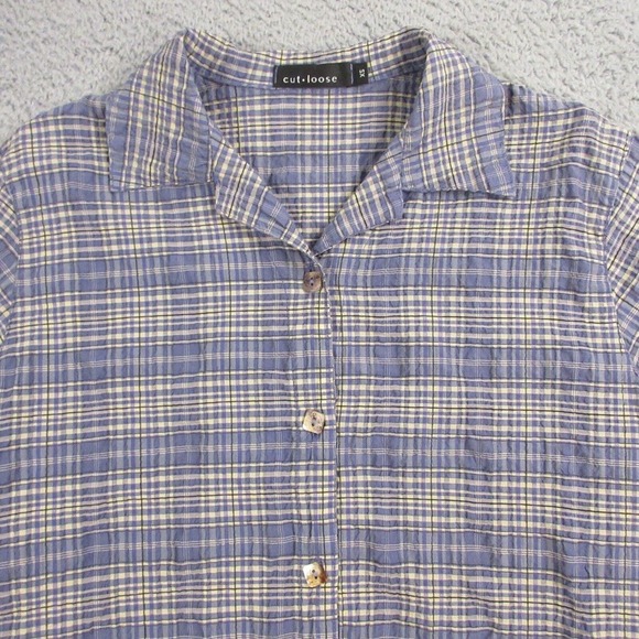 Cut Loose Womens Oversized Shirt Top Blouse size XS Crinkle Stretch Plaid Button - Picture 2 of 8